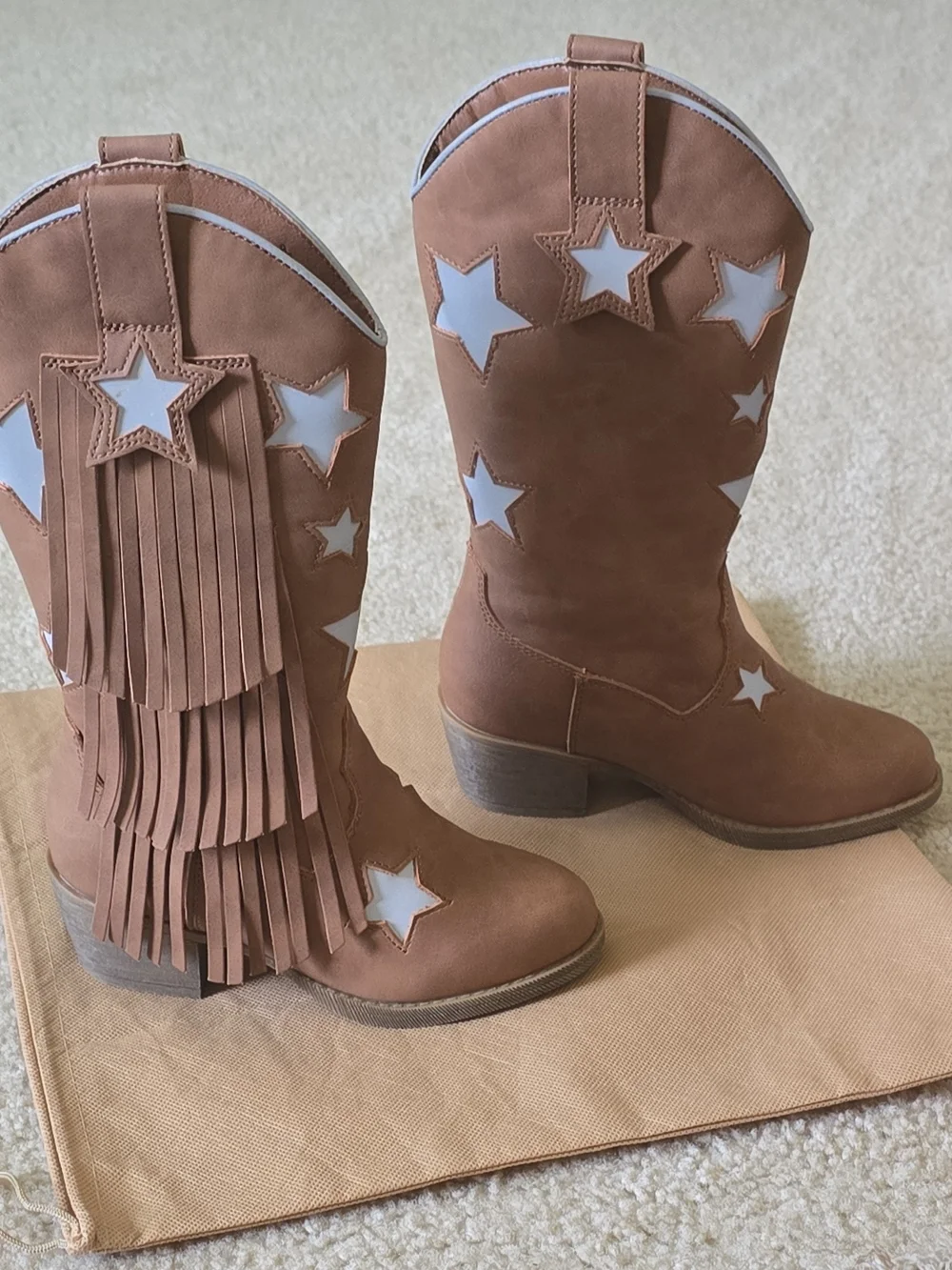 Girls Tan Star Fringe Western Boots